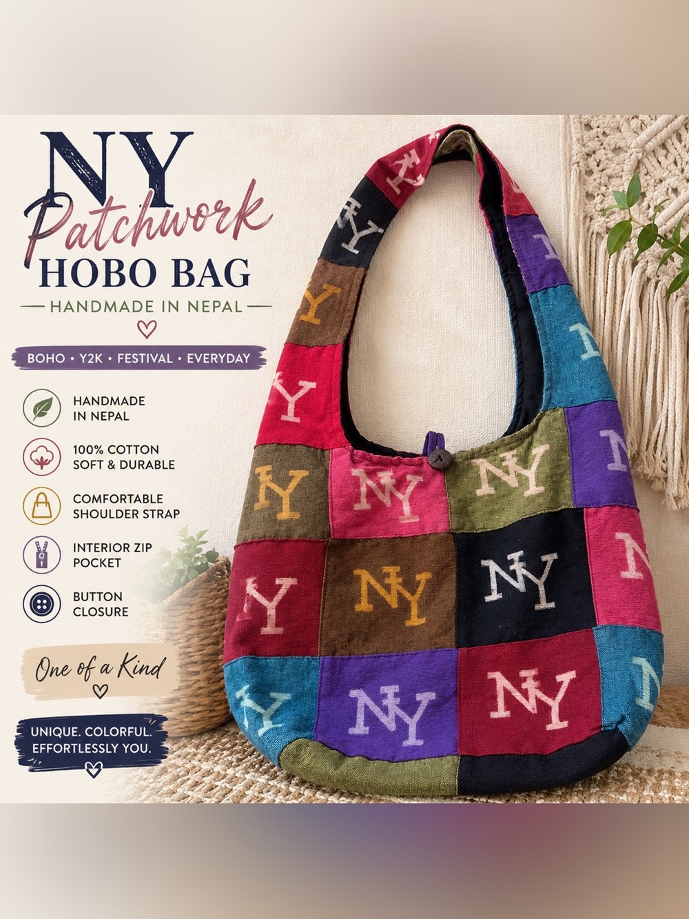 NY Patchwork Hobo Bag Boho Cotton Shoulder Bag Nepal Handmade